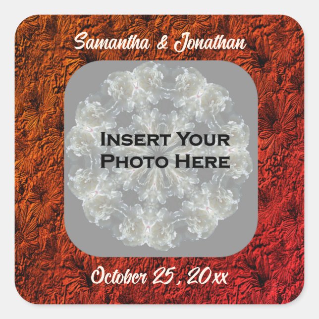 Burgundy Daisies Floral Personalized Wedding Photo Square Sticker (Front)
