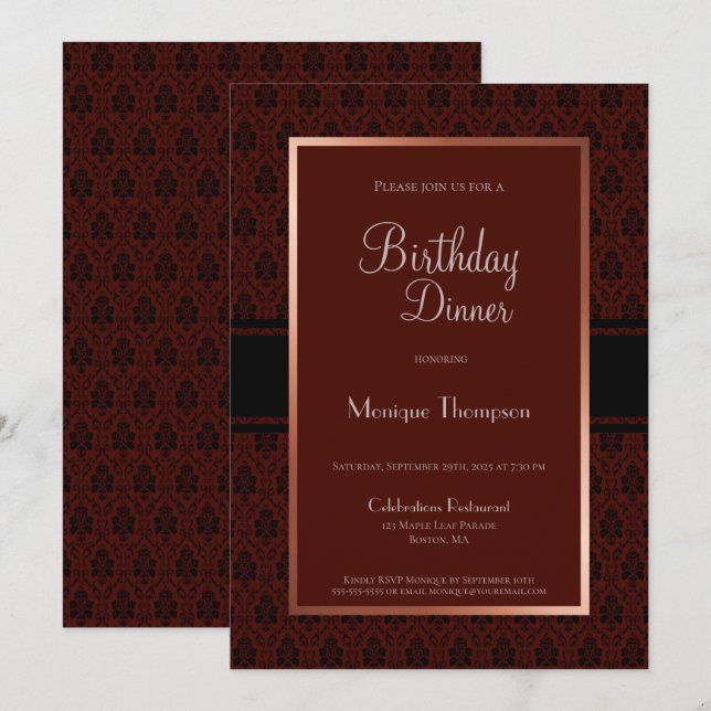 Burgundy Damask Birthday Dinner Party Invitation (Front/Back)