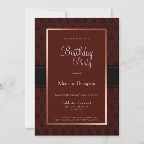 Burgundy Damask Border Any Age Birthday Party Invitation