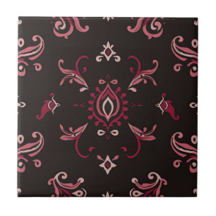 Burgundy Damask Floral Ornament Pattern Ceramic Tile