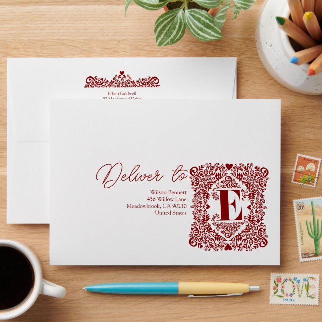 Burgundy Damask Modern Letter E Envelope (Desk)
