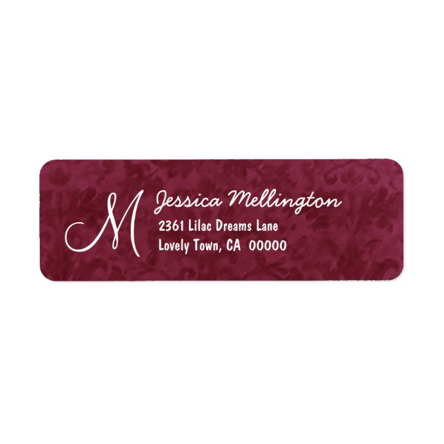 Burgundy Damask Monogram M Wedding V01 Label (Front)