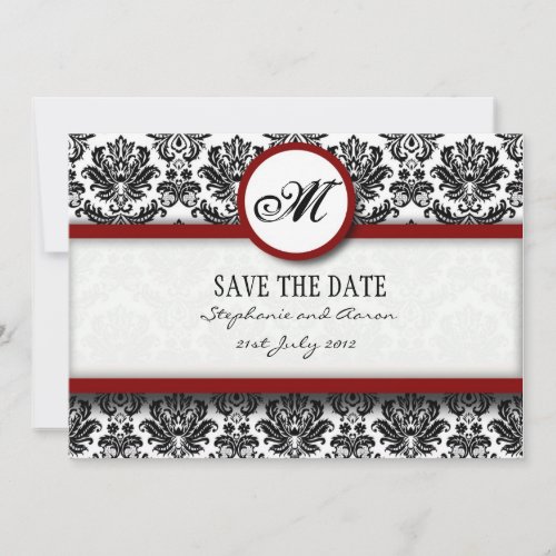 Burgundy Damask Monogram Save The Date Card
