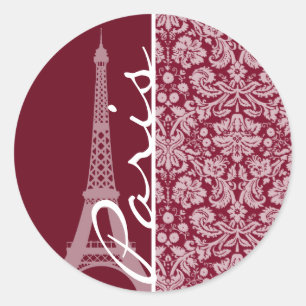Burgundy Damask Pattern; Paris Classic Round Sticker