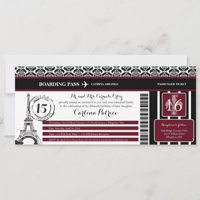 Burgundy Damask Quinceanera Paris Boarding Pass Invitation (Front)