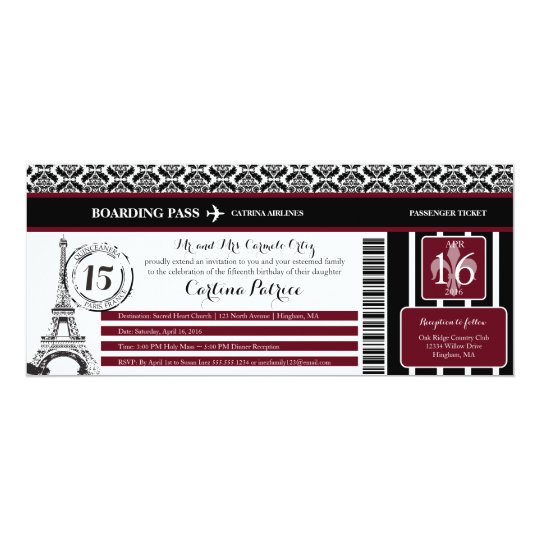 Burgundy Damask Quinceanera Paris Boarding Pass Invitation Zazzle Com