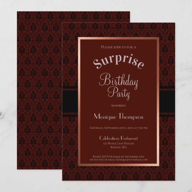 Burgundy Damask Surprise Birthday Party Invitation (Front/Back)