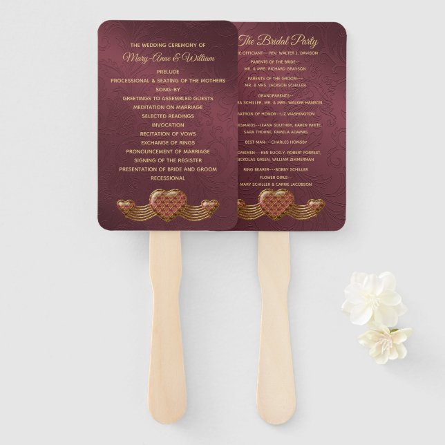 Burgundy Damask Wedding Program Fan (Front and Back)
