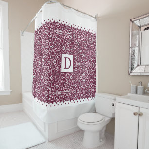 Burgundy damask, white scalloped borders monogram shower curtain