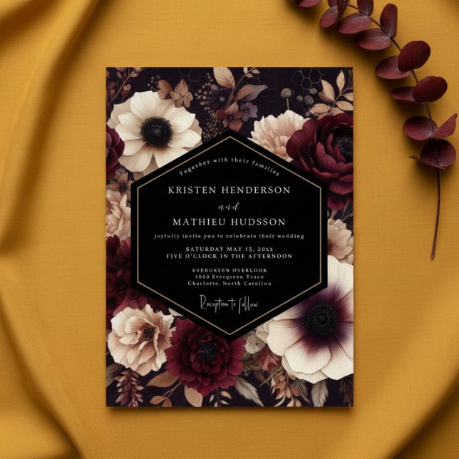 Burgundy Dark Floral Nocturne Wedding Invitation (Creator Uploaded)