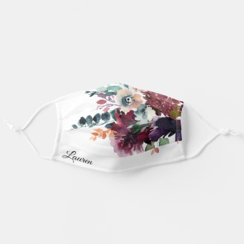 Burgundy Dark Floral Wedding Bouquet With Name Adult Cloth Face Mask by DancingPelican at Zazzle