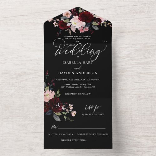 Burgundy Dark Moody Floral Black Elegant Wedding All In One Invitation