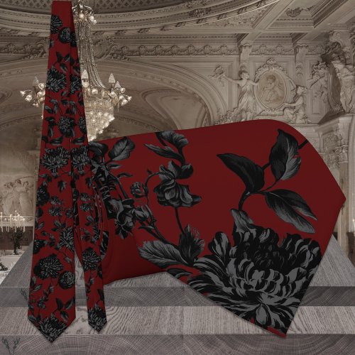 Burgundy Dark Red  Black Floral Wedding Neck Tie