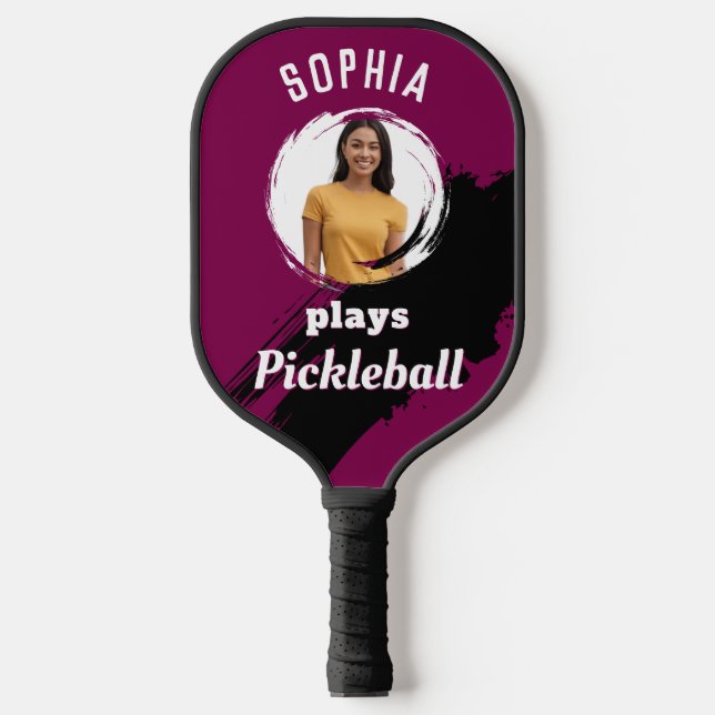 Burgundy Dark Red Custom Photo & Name Modern Pickleball Paddle (Front)