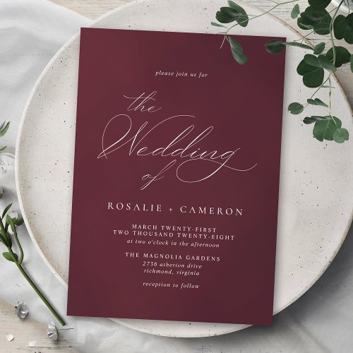 Burgundy Dark Red  Elegant Script Maroon Wedding Invitation