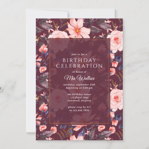 Burgundy Dark Red Floral  Vintage Maroon Birthday Invitation