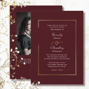 Burgundy Dark Red Plum White Gold Border Wedding Invitation