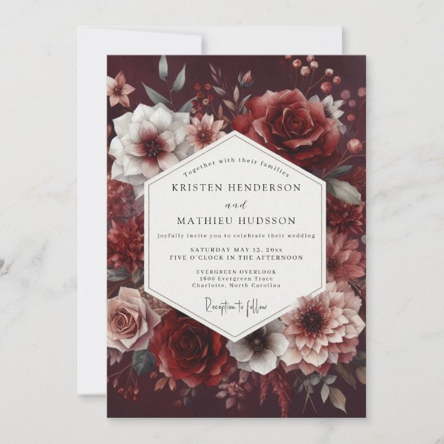 Burgundy Deep Bloom Romance Wedding Invitation (Front)