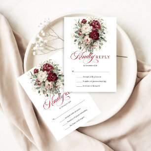 Burgundy Deep Red Floral Gold Wedding RSVP Card