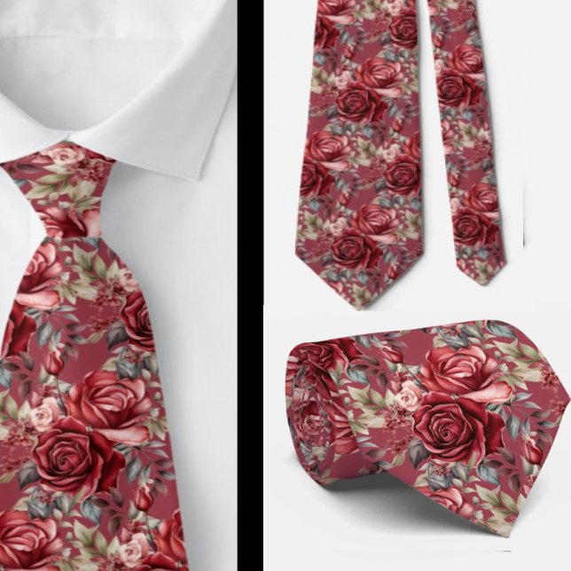 Burgundy Deep Red Roses Blush Watercolor Neck Tie (Creator Uploaded)