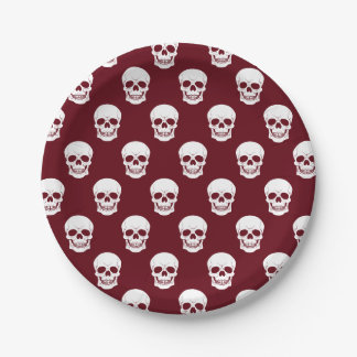 Burgundy Deep Red Skull Pattern Spooky Halloween Paper Plates