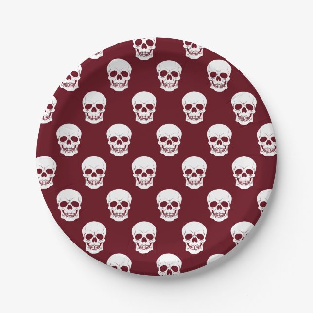 Burgundy Deep Red Skull Pattern Spooky Halloween Paper Plates (Front)
