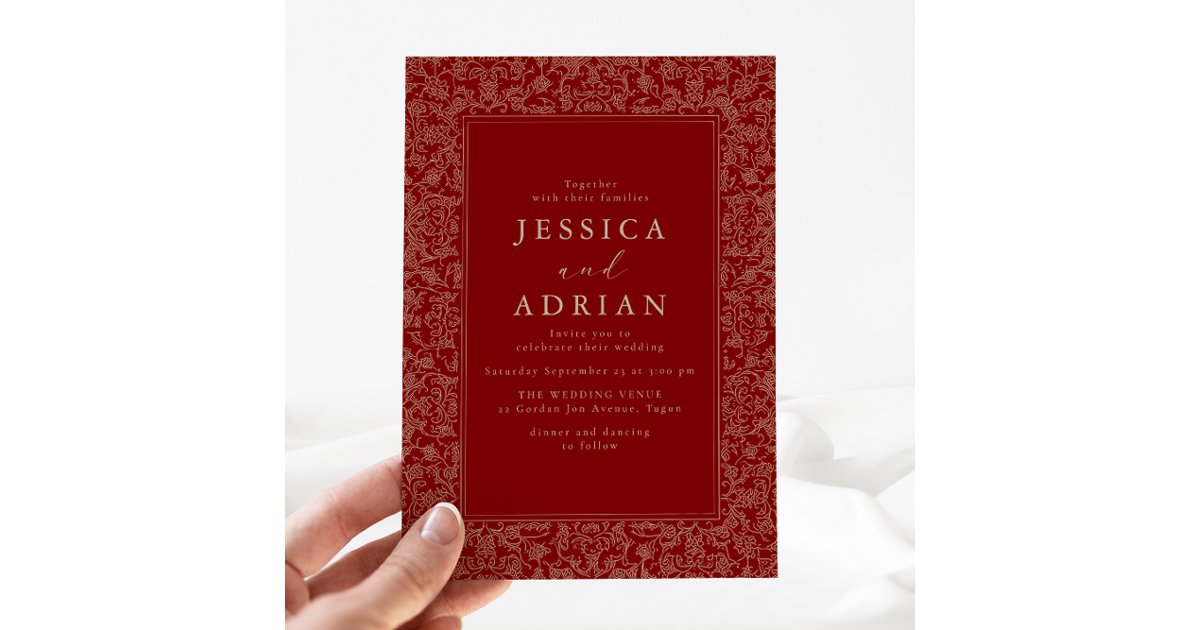 Frame Invitation Red Burgundy Deep Red Vintage Floral Frame Wedding Invitation | Zazzle