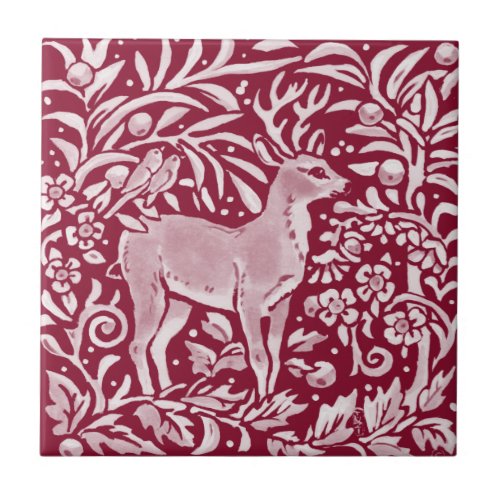 Burgundy Deer Buck Birds Woodland Forest Animal Ceramic Tile