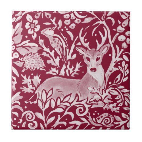 Burgundy Deer Hedgehog Woodland Forest Animal  Ceramic Tile