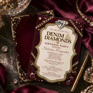 Burgundy Denim & Diamonds Birthday Party Elegant  Invitation