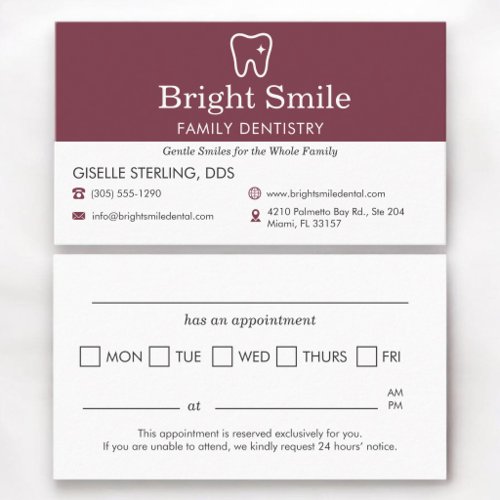 Burgundy Dentistry Office Appointment Reminder Card
