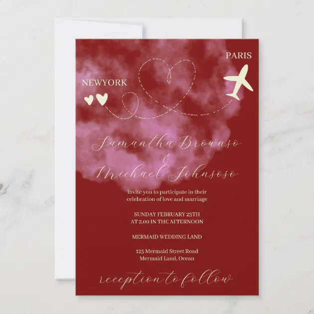 Burgundy Destination plane flight abroad wedding Invitation
