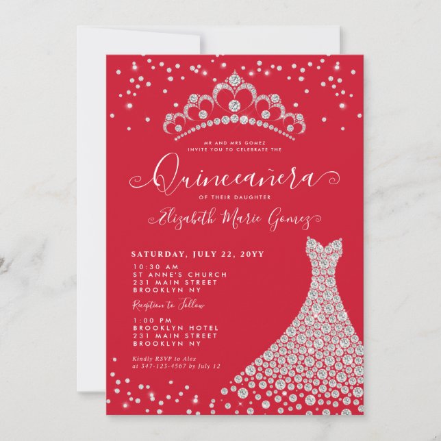 Burgundy Diamond Sparkle Tiara Gown Quinceanera Invitation (Front)