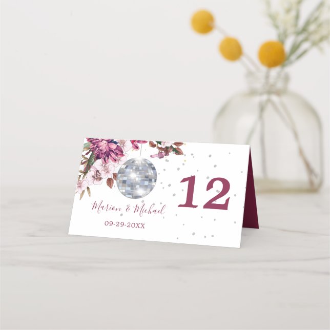 Burgundy Disco Floral Wedding Table Number  Place Card (Front)