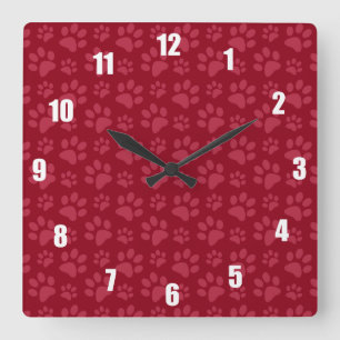 Burgundy dog paw print pattern square wall clock