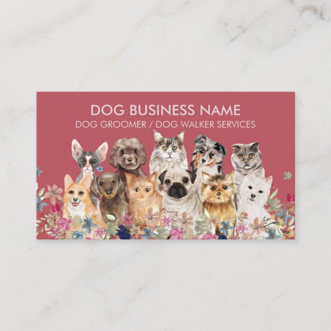 Burgundy Dogs Cats pet grooming sitting boarding Business Card (Front)