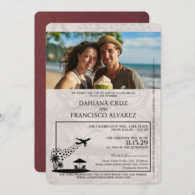 Burgundy Dominican Republic Passport Wedding Invitation (Front/Back)