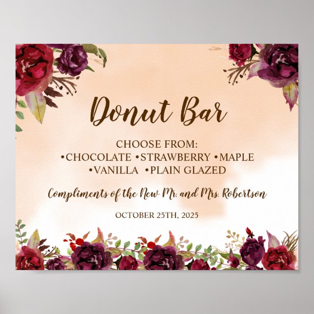 Burgundy Donut Bar Bridal Shower Wedding Sign (Front)