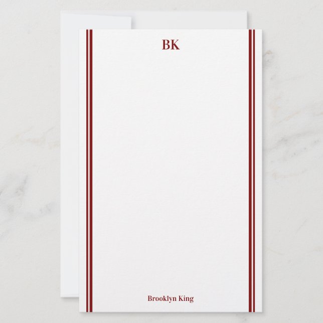Burgundy Double Lines Monogram & Name Stationery (Front)