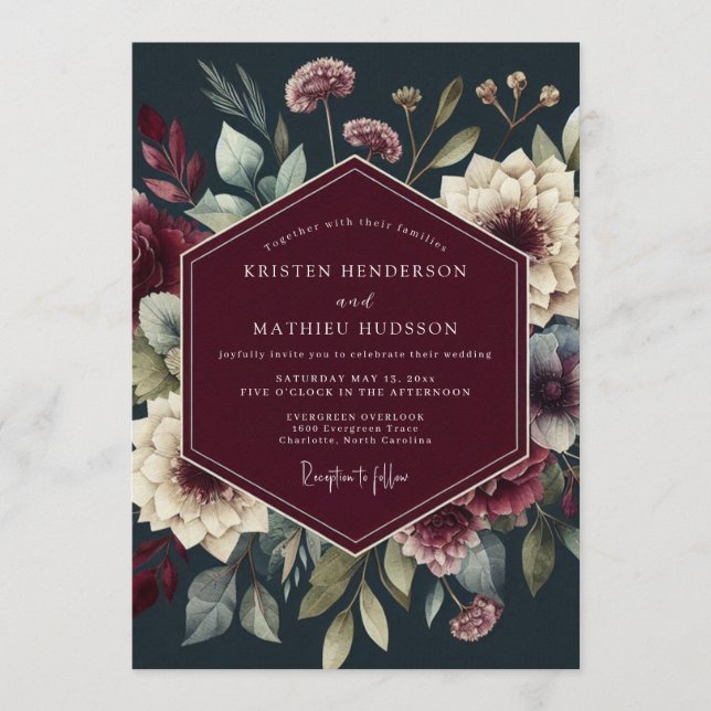 Burgundy Dramatic Bloom Wedding Invitation (Front)