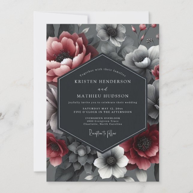 Burgundy Dramatic Bloom Wedding Invitation (Front)