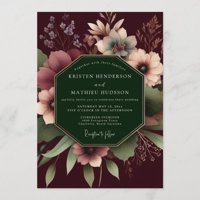 Burgundy Dramatic Floral Wedding Invitation (Front)