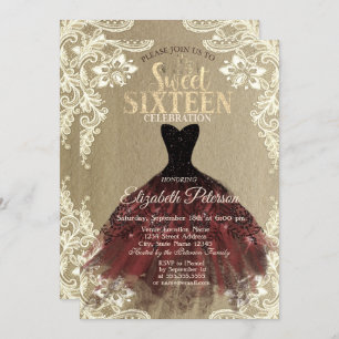 Burgundy Dress,Crown,Lace Kraft Sweet 16 Party Invitation