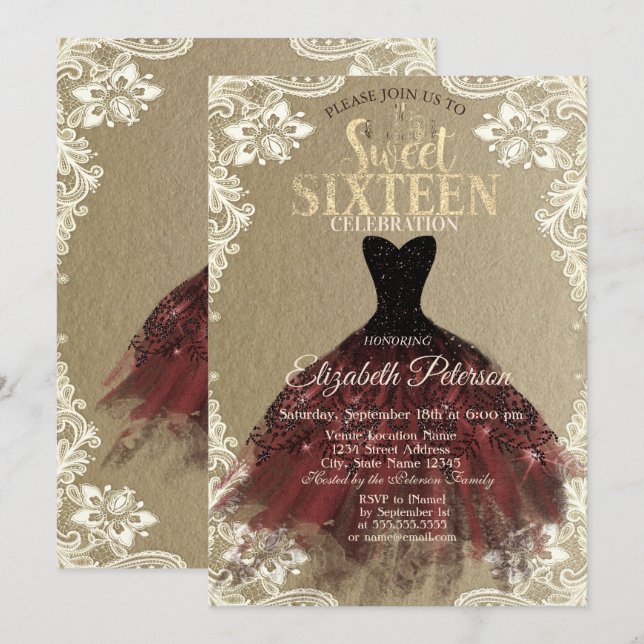 Burgundy Dress,Crown,Lace Kraft Sweet 16 Party Invitation (Front/Back)