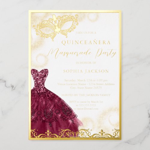 Burgundy Dress Gold Masquerade Party Quinceanera  Foil Invitation
