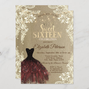 Burgundy Dress,Lights,Lace Kraft Sweet 16 Party Invitation