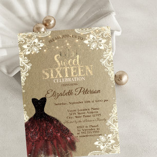 Burgundy Dress,Lights,Lace Kraft Sweet 16 Party Invitation