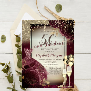 Burgundy Dress,Roses,Balloons,Gold 50th Birthday Invitation