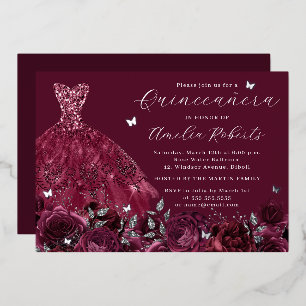 Burgundy Dress Silver Butterfly Floral Foil Invitation