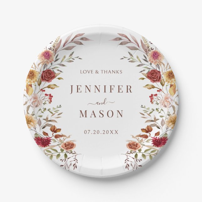 Burgundy Dried Flower Wreath Fall Wedding in Bloom Paper Plates (Front)